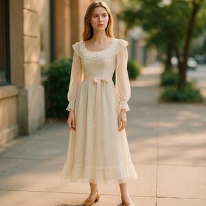 Union Made Vintage Cream Bridal Gown with Bishop Sleeves and Scoop Neck